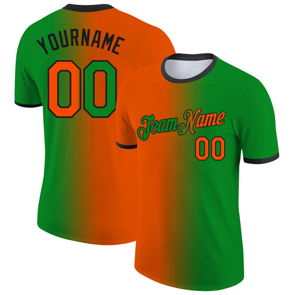 Custom Grass Green Orange-Black Gradient Fashion Performance T-Shirt