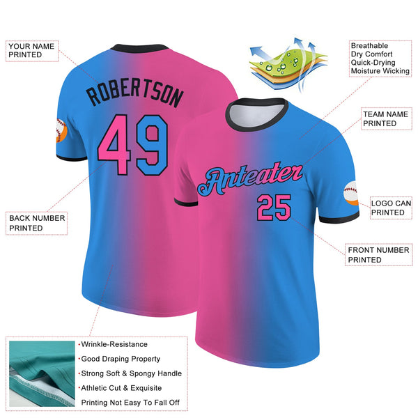 Custom Powder Blue Pink-Black Gradient Fashion Performance T-Shirt alternate
