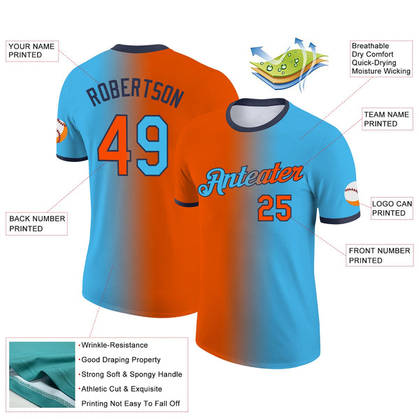 Custom Sky Blue Orange-Navy Gradient Fashion Performance T-Shirt alternate