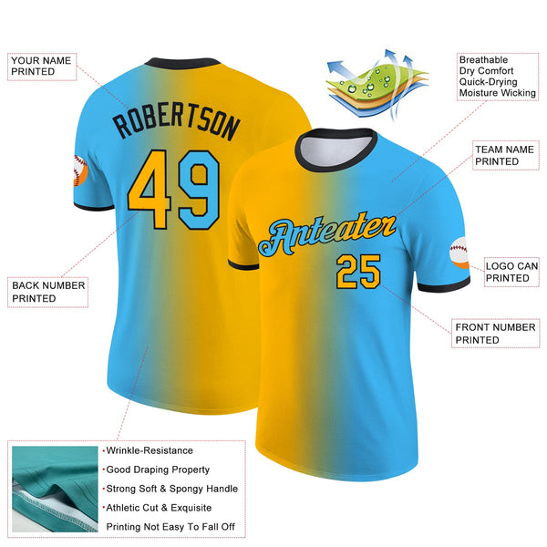 Custom Sky Blue Gold-Black Gradient Fashion Performance T-Shirt alternate