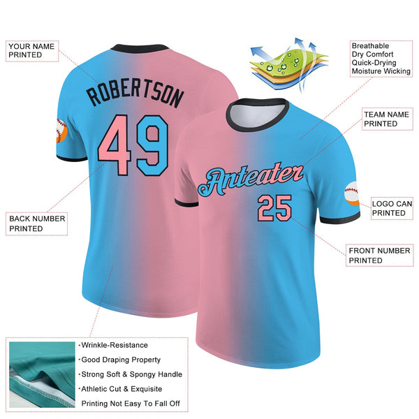 Custom Sky Blue Medium Pink-Black Gradient Fashion Performance T-Shirt alternate