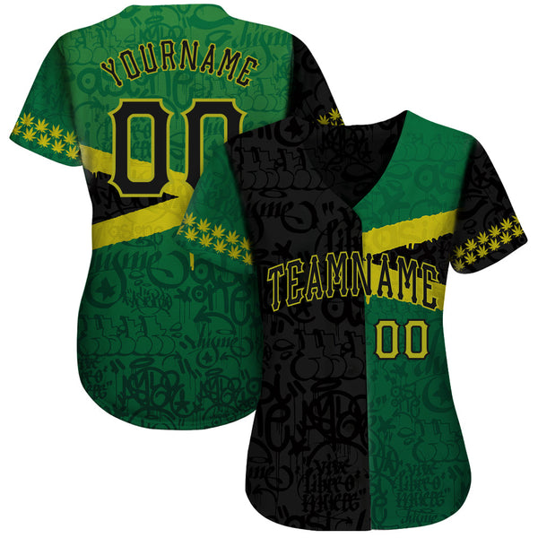 Custom Graffiti Pattern Black-Green 3D Jamaica Authentic Baseball Jersey alternate