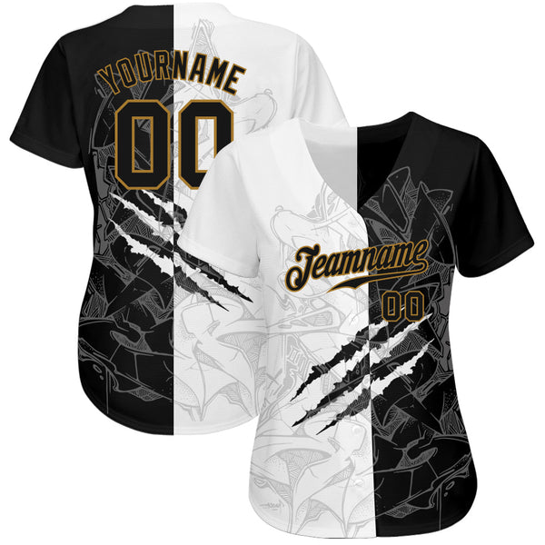 Custom Graffiti Pattern Black-Old Gold 3D Authentic Baseball Jersey alternate