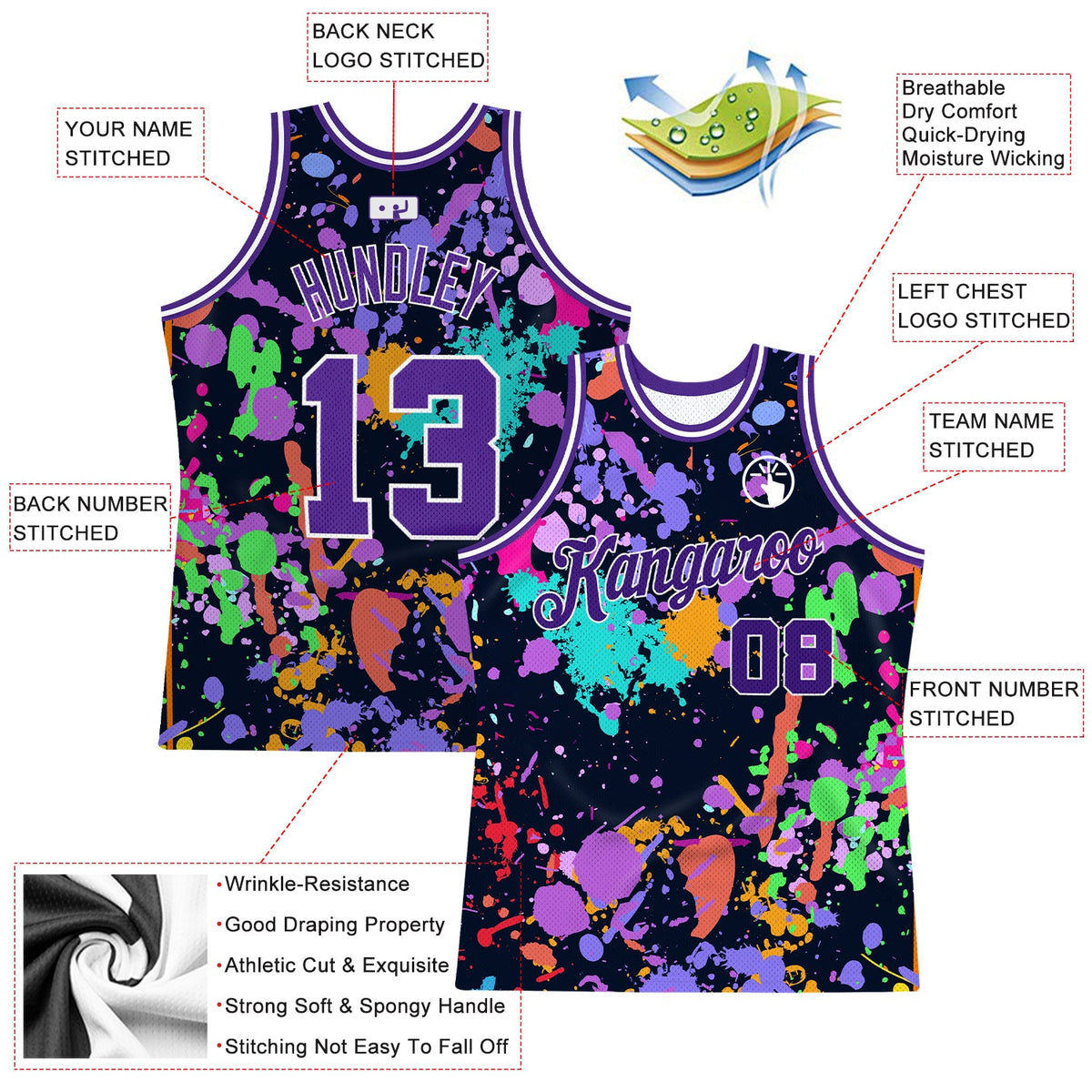 Custom Graffiti Pattern Purple-White 3D Splashes Authentic Basketball Jersey - Back