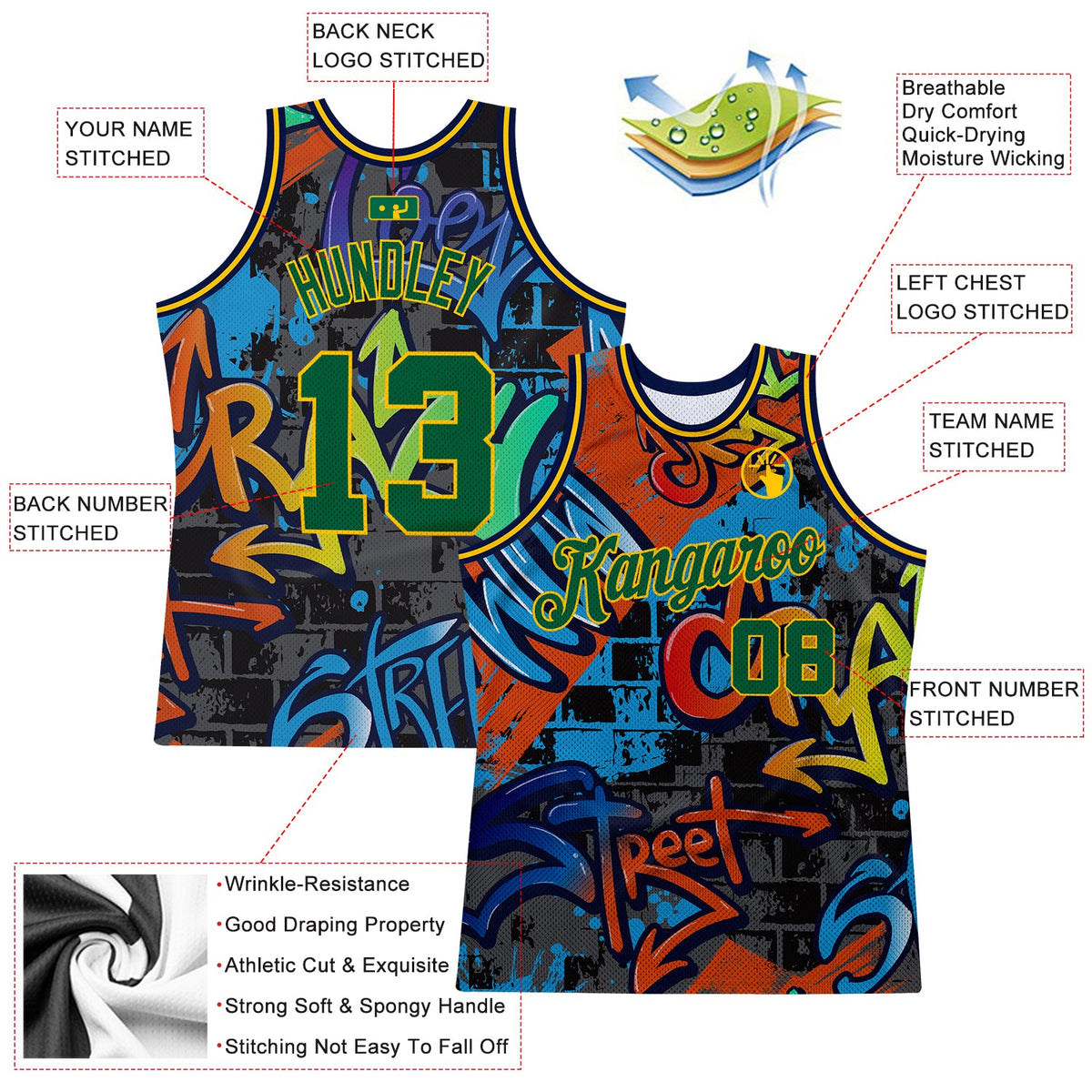 Custom Graffiti Pattern Kelly Green-Gold 3D Geometric Authentic Basketball Jersey - Back