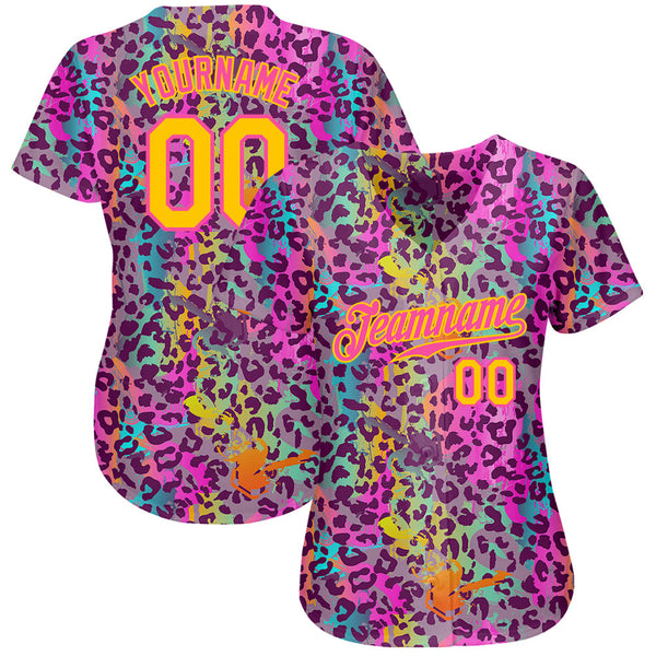 Custom Graffiti Pattern Gold-Pink 3D Colorful Leopard Authentic Baseball Jersey alternate