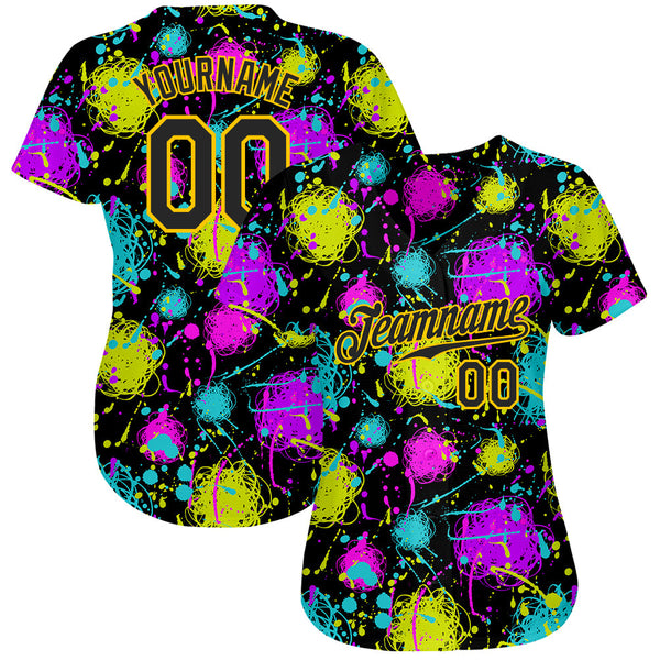 Custom Graffiti Pattern Black-Gold 3D Neon Splatter Authentic Baseball Jersey alternate