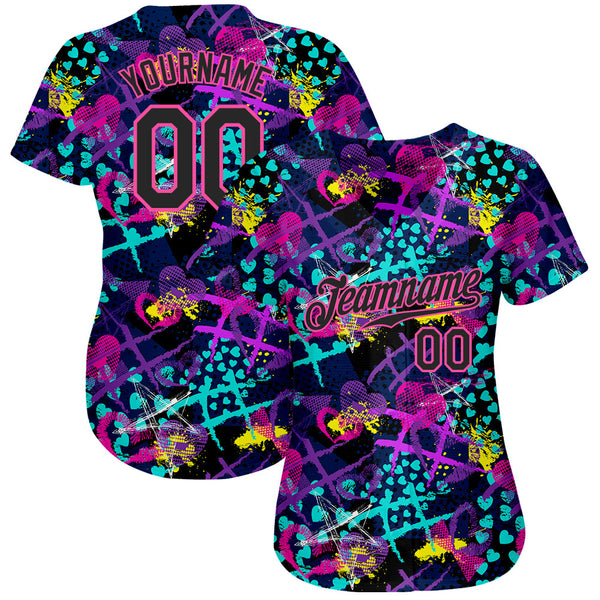 Custom Graffiti Pattern Black-Pink 3D Creative Hearts Stars Geometric Figures Authentic Baseball Jersey alternate