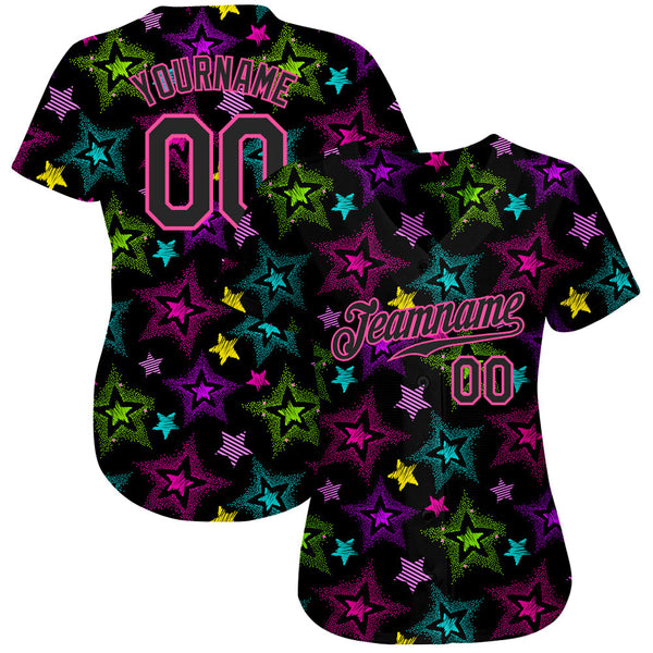 Custom Graffiti Pattern Black-Pink 3D Creative Colorful Stars Authentic Baseball Jersey alternate