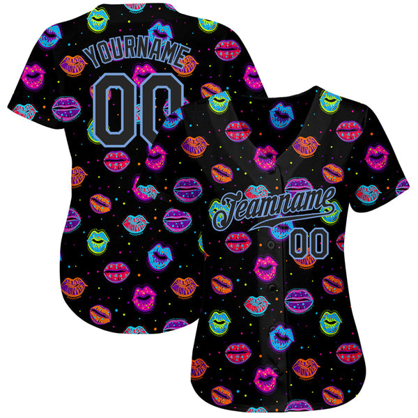 Custom Graffiti Pattern Black-Light Blue 3D Dots And Kiss Lips Authentic Baseball Jersey alternate