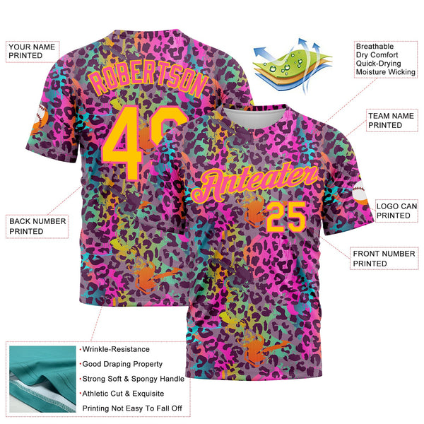 Custom Graffiti Pattern Gold-Pink 3D Colorful Leopard Performance T-Shirt alternate