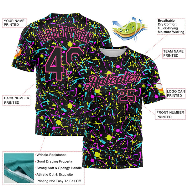 Custom Graffiti Pattern Black-Pink 3D Neon Splatter Performance T-Shirt alternate