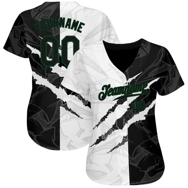 Custom Graffiti Pattern Black-Kelly Green 3D Scratch Authentic Baseball Jersey alternate