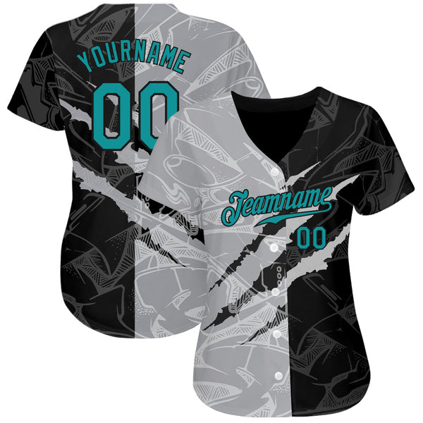 Custom Graffiti Pattern Teal Gray-Black 3D Scratch Authentic Baseball Jersey alternate