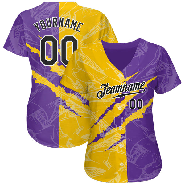 Custom Graffiti Pattern Black Yellow-Purple 3D Scratch Authentic Baseball Jersey alternate
