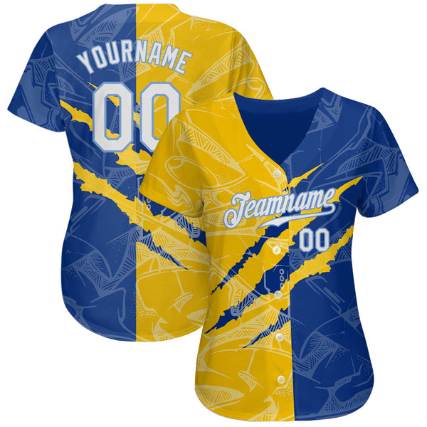 Custom Graffiti Pattern White Yellow Royal-Light Blue 3D Scratch Authentic Baseball Jersey alternate