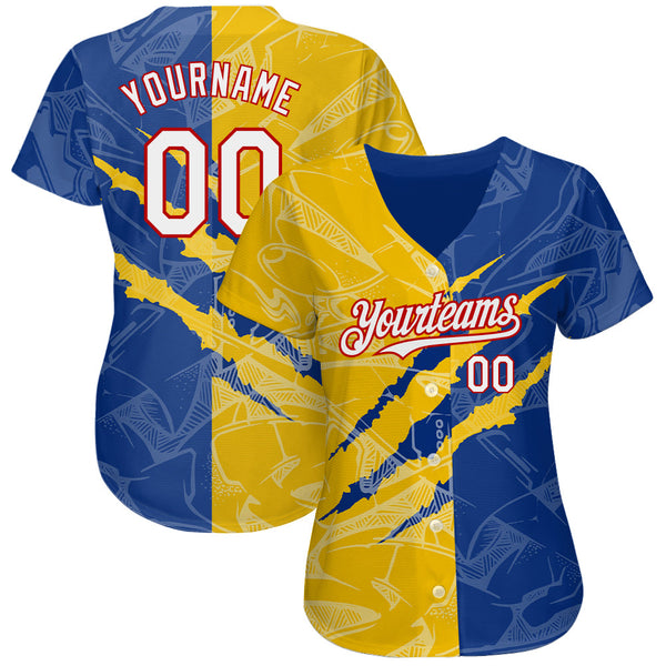Custom Graffiti Pattern White Royal Yellow-Red 3D Scratch Authentic Baseball Jersey alternate
