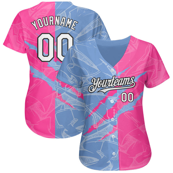 Custom Graffiti Pattern White Pink Light Blue-Black 3D Scratch Authentic Baseball Jersey alternate