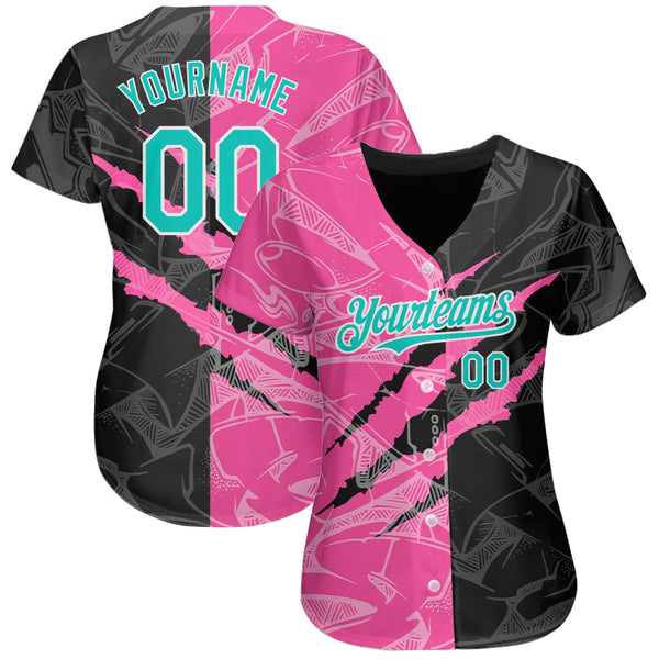 Custom Graffiti Pattern Aqua Black-Pink 3D Scratch Authentic Baseball Jersey alternate