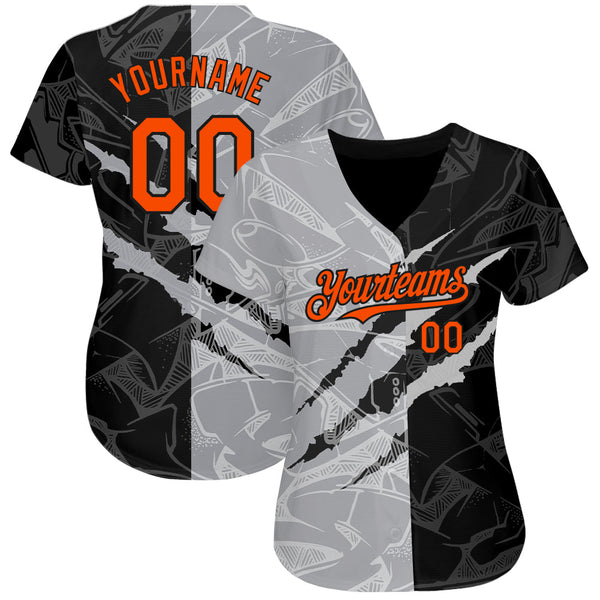 Custom Graffiti Pattern Orange Black-Gray 3D Scratch Authentic Baseball Jersey alternate