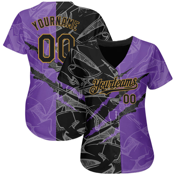 Custom Graffiti Pattern Black Purple-Old Gold 3D Scratch Authentic Baseball Jersey alternate