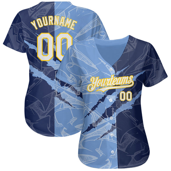 Custom Graffiti Pattern White Navy Light Blue-Yellow 3D Scratch Authentic Baseball Jersey alternate