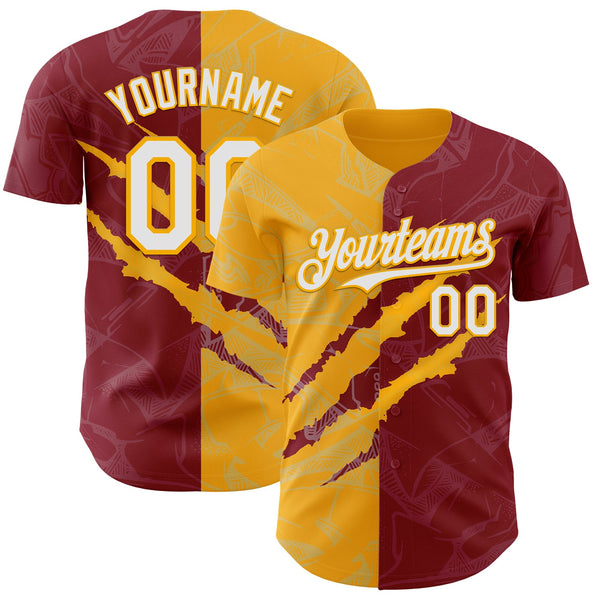 Custom Graffiti Pattern White Crimson-Gold 3D Scratch Authentic Baseball Jersey