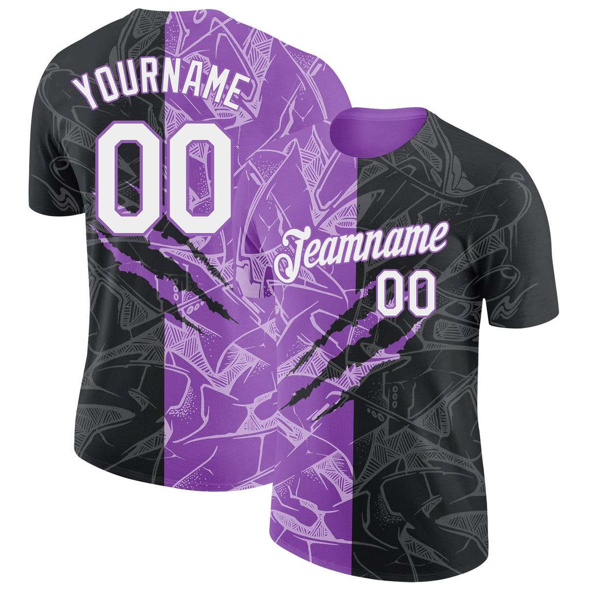 Custom Graffiti Pattern White Black-Medium Purple Scratch 3D Performance T-Shirt