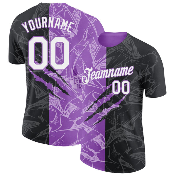 Custom Graffiti Pattern White Black-Medium Purple Scratch 3D Performance T-Shirt