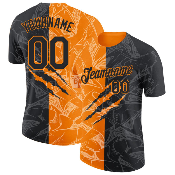 Custom Graffiti Pattern Black-Bay Orange Scratch 3D Performance T-Shirt