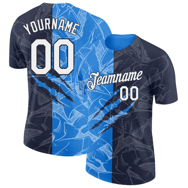 Custom Graffiti Pattern White Navy-Powder Blue Scratch 3D Performance T-Shirt