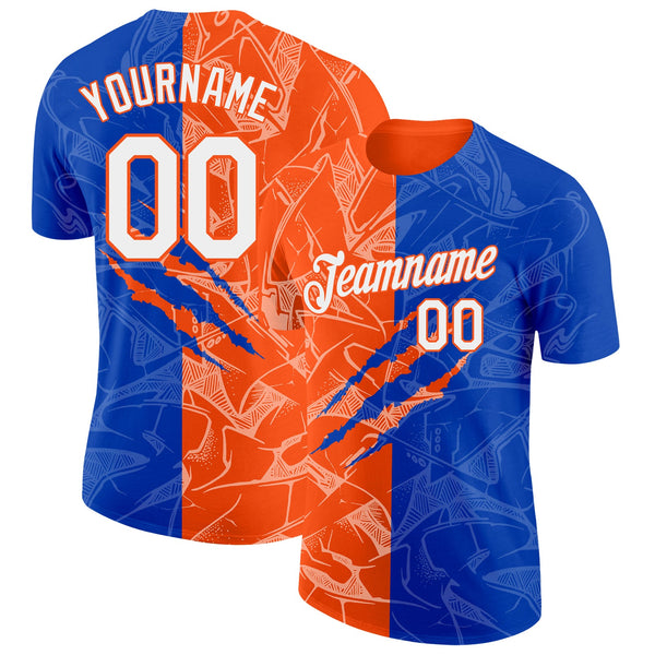 Custom Graffiti Pattern White Thunder Blue-Orange Scratch 3D Performance T-Shirt