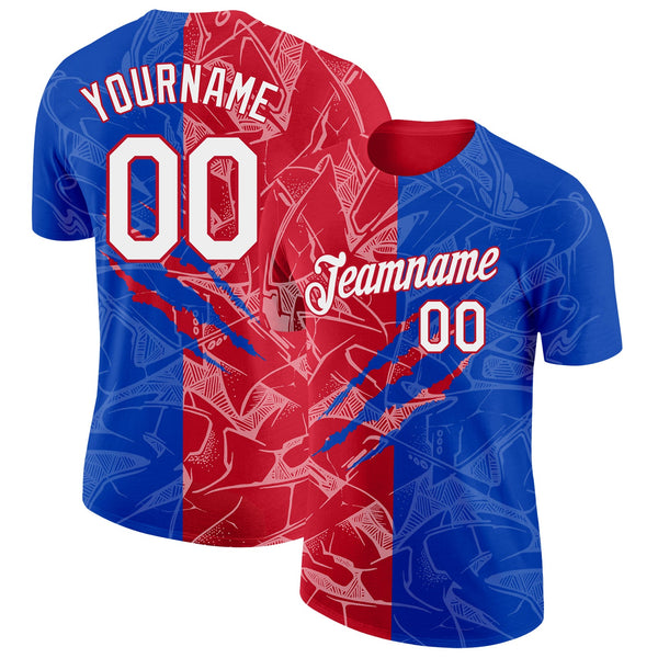 Custom Graffiti Pattern White Thunder Blue-Red Scratch 3D Performance T-Shirt