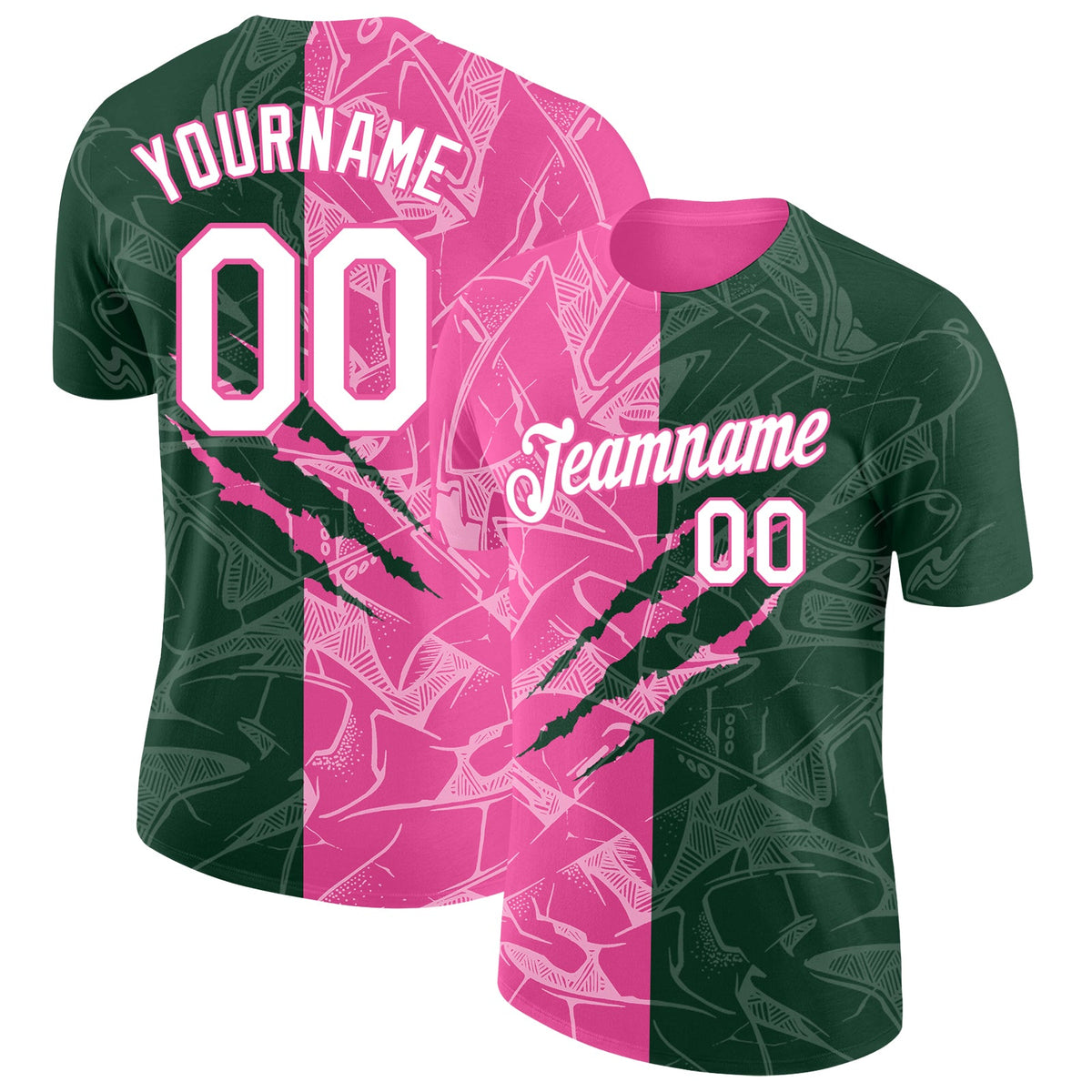 Custom Graffiti Pattern White Green-Pink Scratch 3D Performance T-Shirt