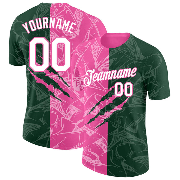 Custom Graffiti Pattern White Green-Pink Scratch 3D Performance T-Shirt