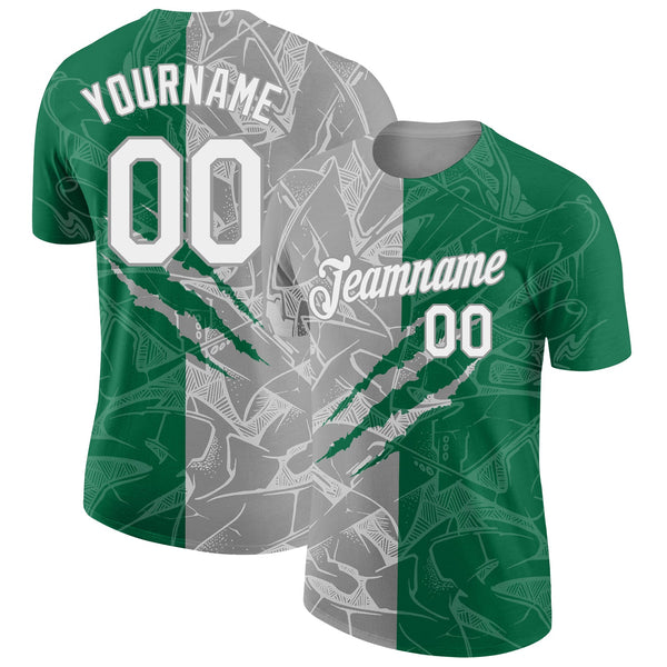 Custom Graffiti Pattern White Kelly Green-Gray Scratch 3D Performance T-Shirt