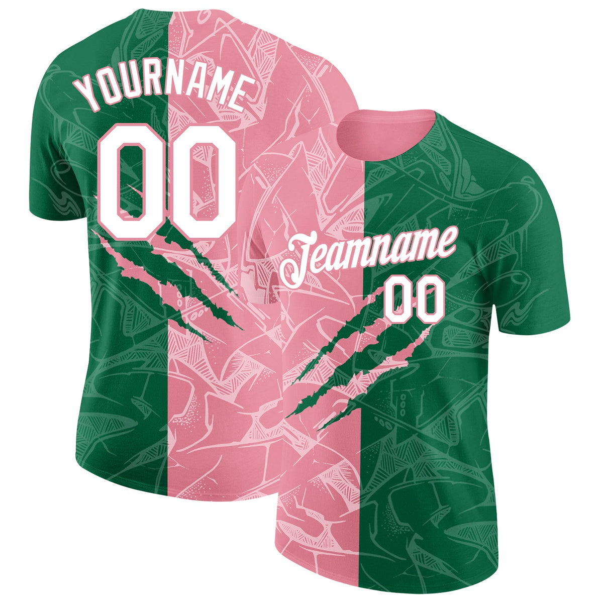 Custom Graffiti Pattern White Kelly Green-Medium Pink Scratch 3D Performance T-Shirt
