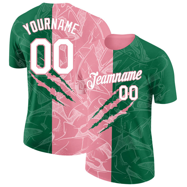 Custom Graffiti Pattern White Kelly Green-Medium Pink Scratch 3D Performance T-Shirt