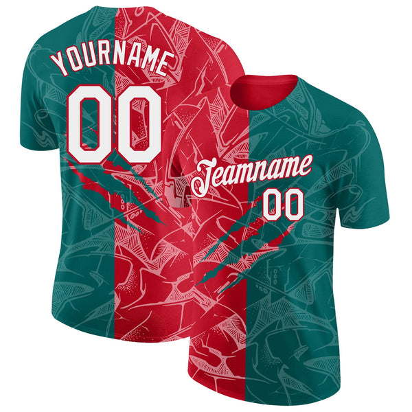 Custom Graffiti Pattern White Teal-Red Scratch 3D Performance T-Shirt