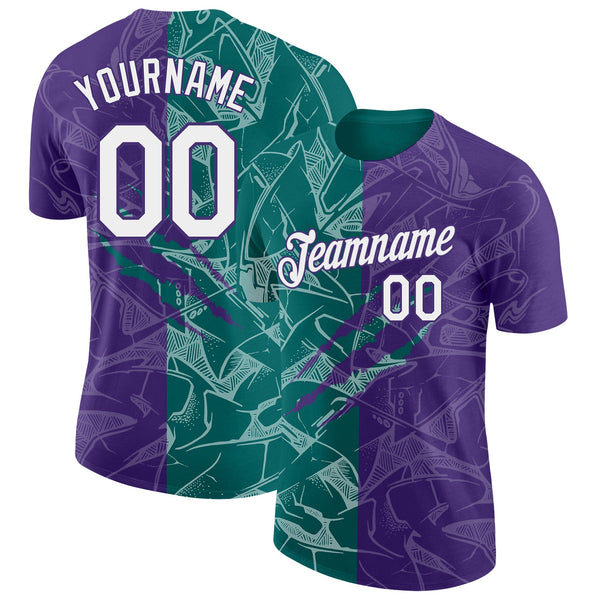 Custom Graffiti Pattern White Purple-Teal Scratch 3D Performance T-Shirt
