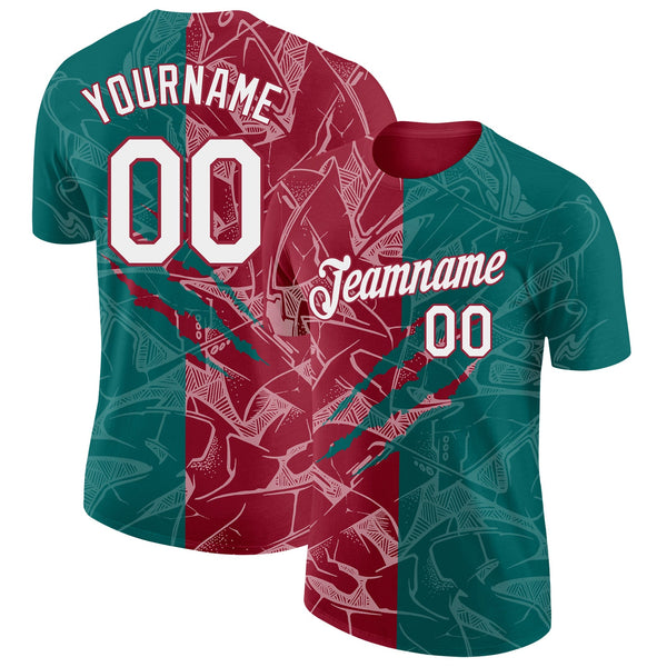 Custom Graffiti Pattern White Teal-Crimson Scratch 3D Performance T-Shirt