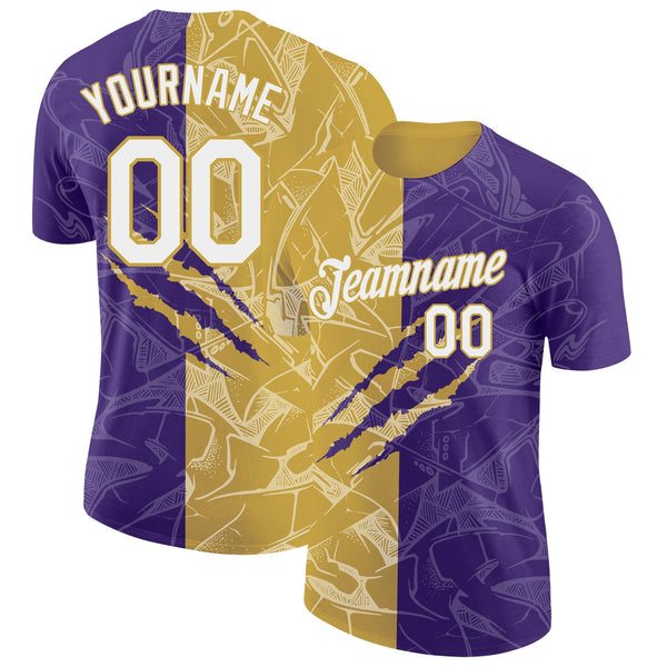 Custom Graffiti Pattern White Purple-Old Gold Scratch 3D Performance T-Shirt