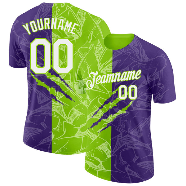 Custom Graffiti Pattern White Purple-Neon Green Scratch 3D Performance T-Shirt