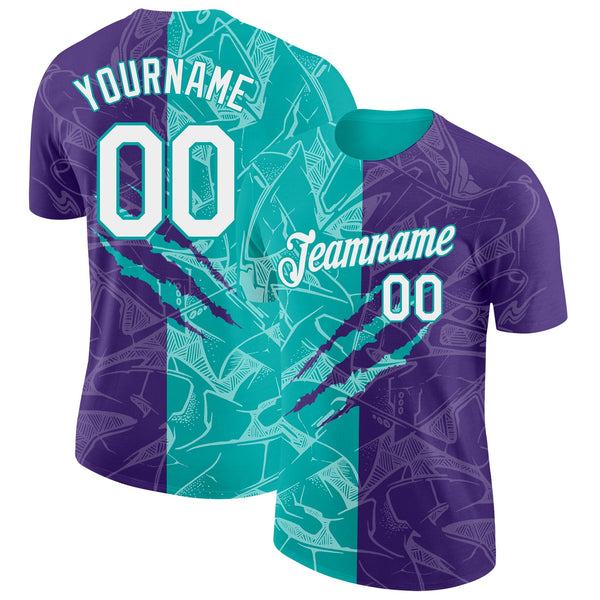 Custom Graffiti Pattern White Purple-Aqua Scratch 3D Performance T-Shirt