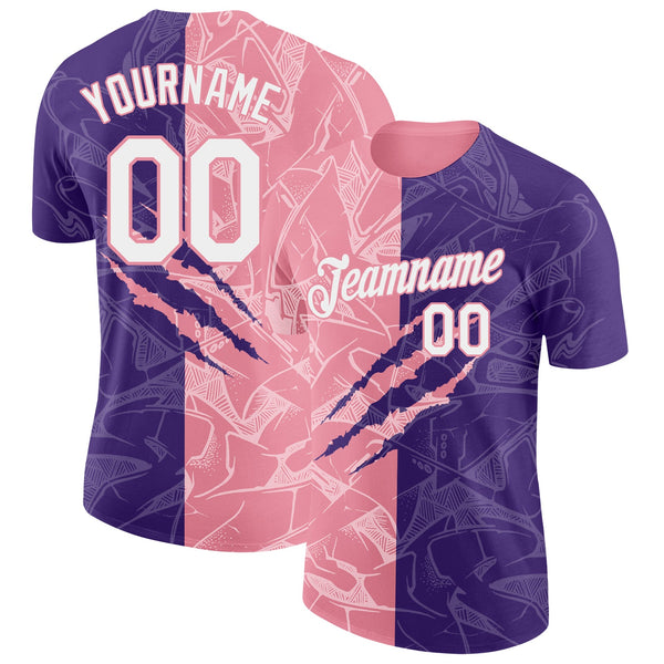 Custom Graffiti Pattern White Purple-Medium Pink Scratch 3D Performance T-Shirt
