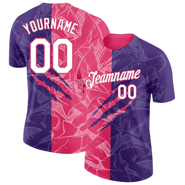 Custom Graffiti Pattern White Purple-Neon Pink Scratch 3D Performance T-Shirt