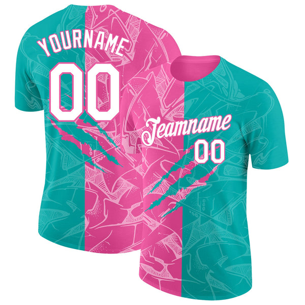 Custom Graffiti Pattern White Aqua-Pink Scratch 3D Performance T-Shirt