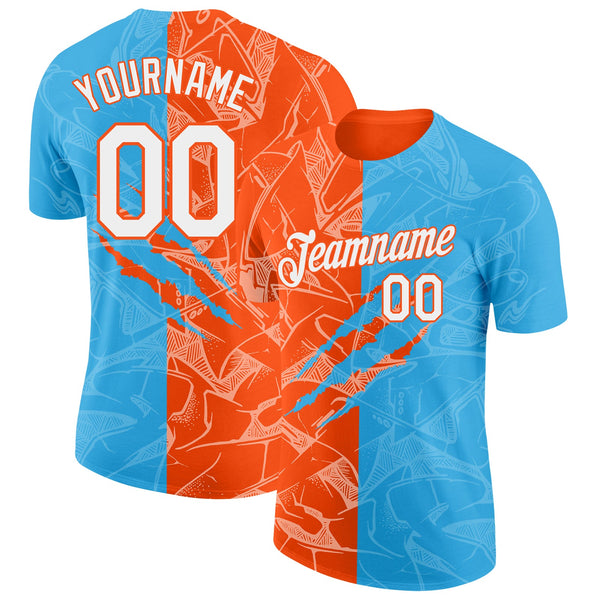 Custom Graffiti Pattern White Sky Blue-Orange Scratch 3D Performance T-Shirt