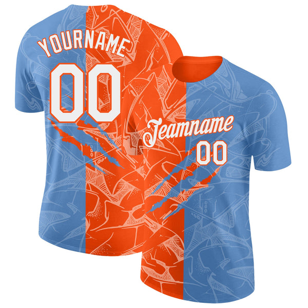 Custom Graffiti Pattern White Light Blue-Orange Scratch 3D Performance T-Shirt