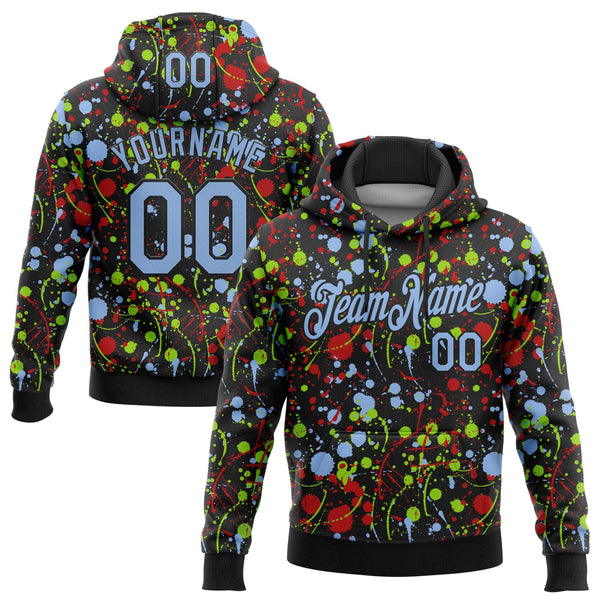 Custom Stitched Graffiti Pattern Light Blue-Black 3D Splash Grunge Art Sports Pullover Sweatshirt Hoodie